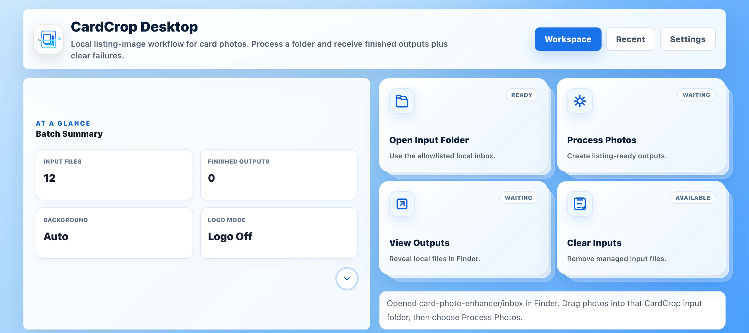 CardCrop Desktop batch workspace with 12 input files ready to process, automatic background, and logo off.