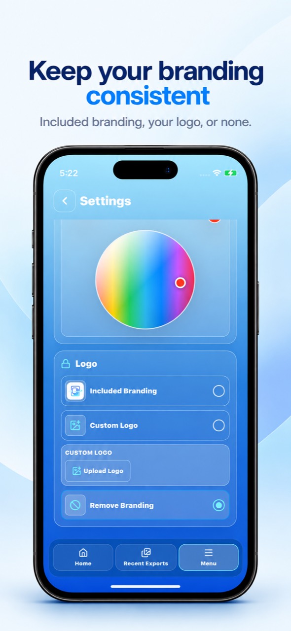 CardCrop Mobile branding settings for included branding, a custom logo, or no logo.