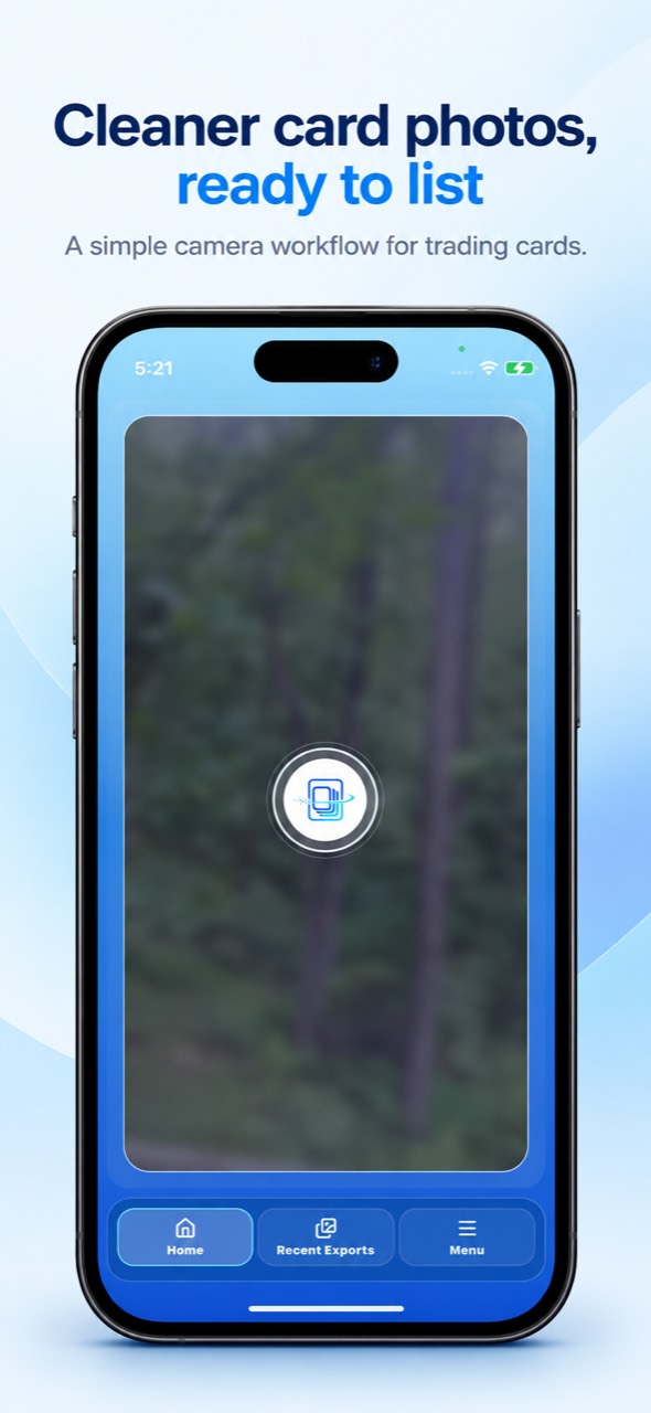 CardCrop Mobile camera screen for cleaner card photos, ready to list.