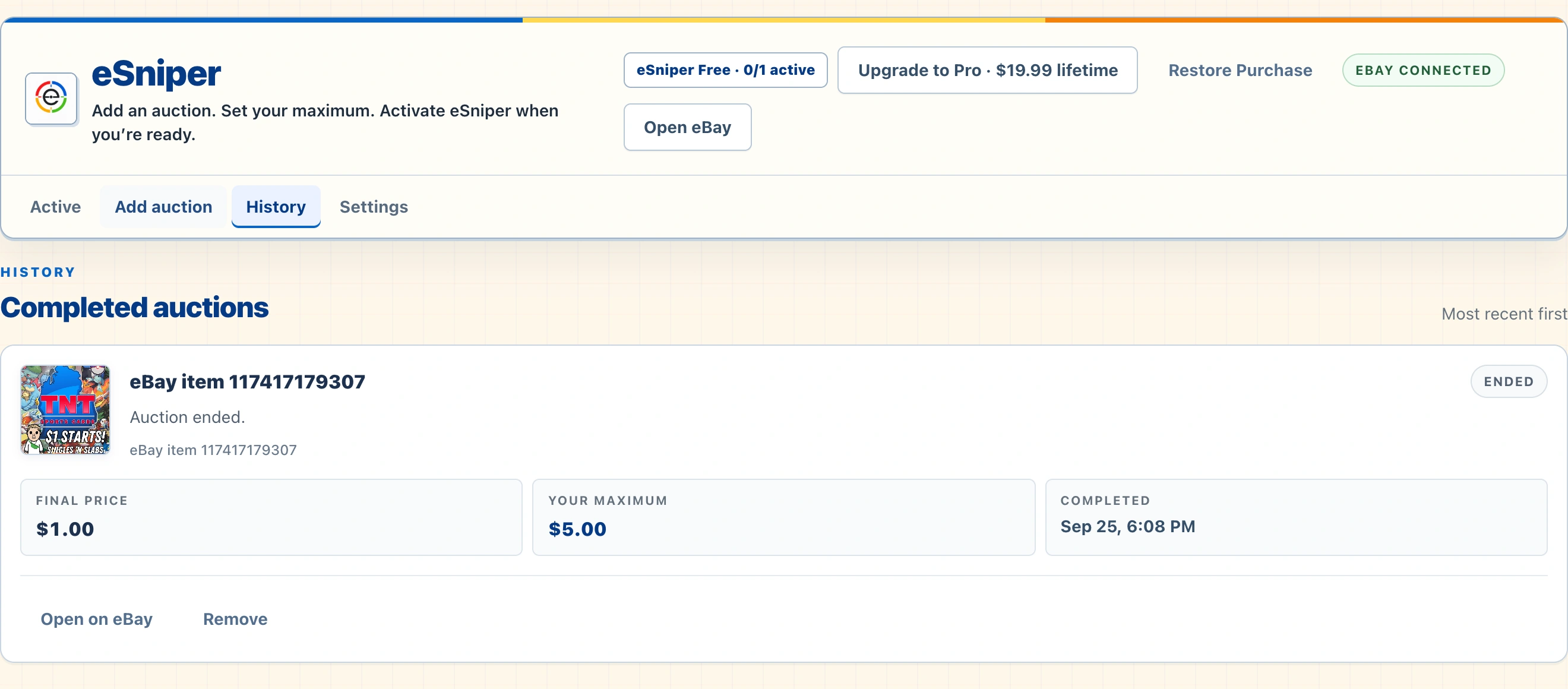 eSniper History tab showing an ended public auction with its recorded price, saved maximum, and completion time.