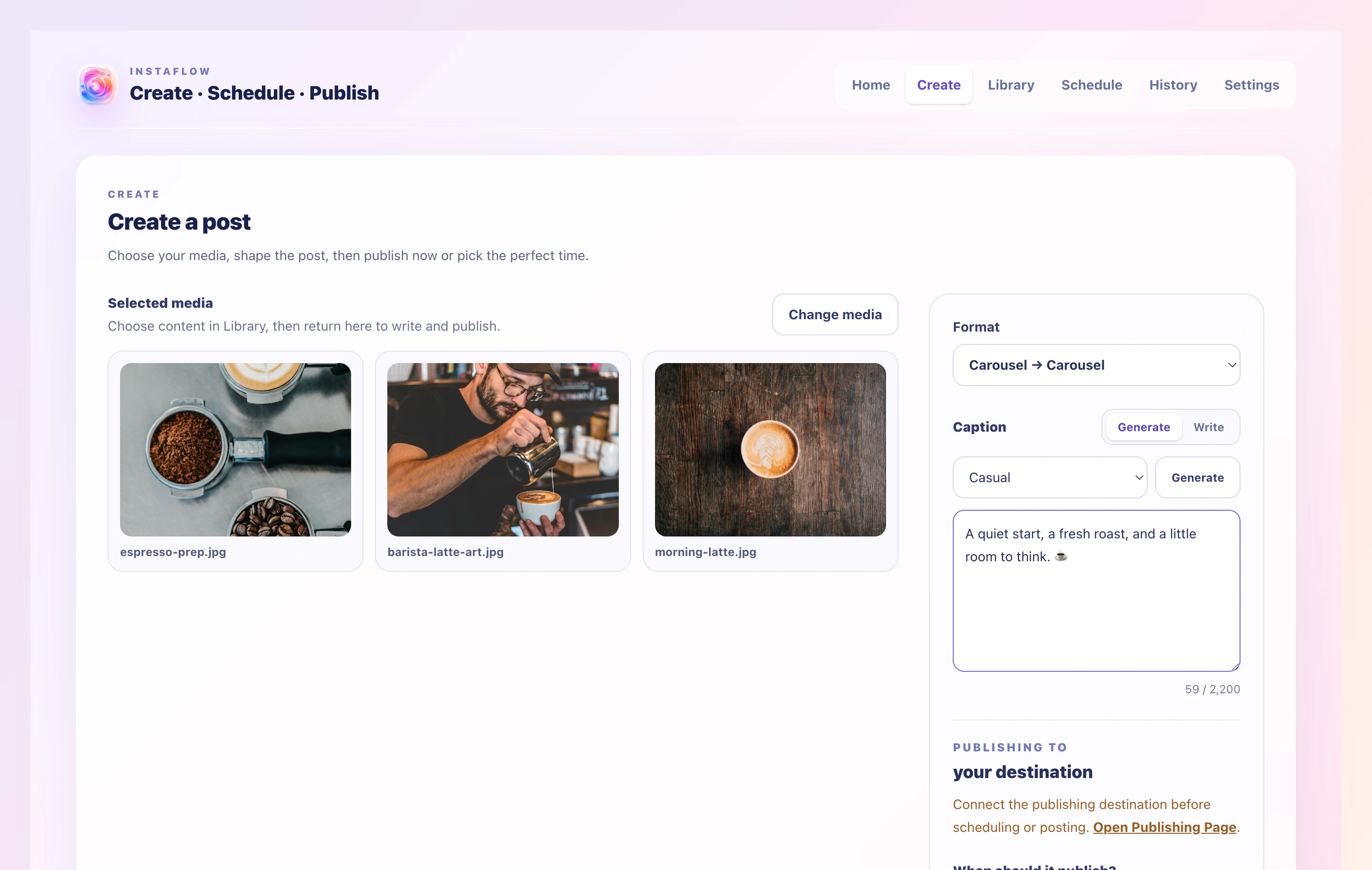 Instaflow Create screen with three coffee photos selected, a caption in the composer, and post format controls.