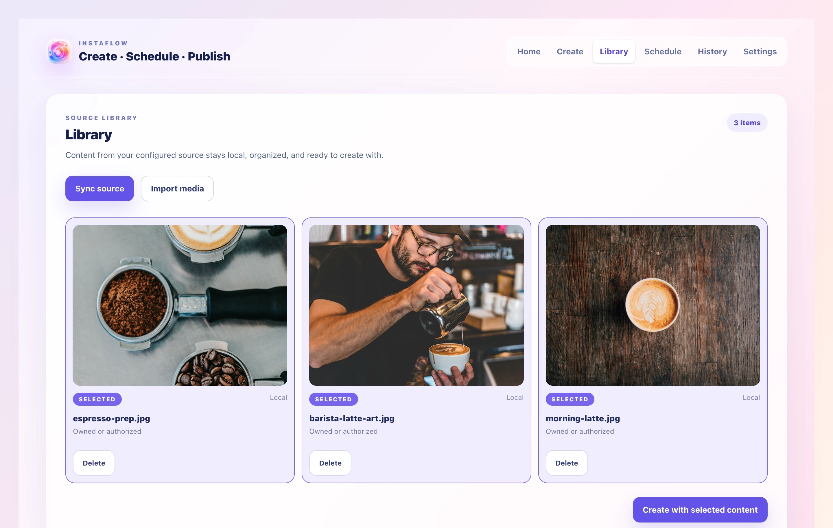 Instaflow Library tab with three selected coffee photos, local filenames, and media controls.