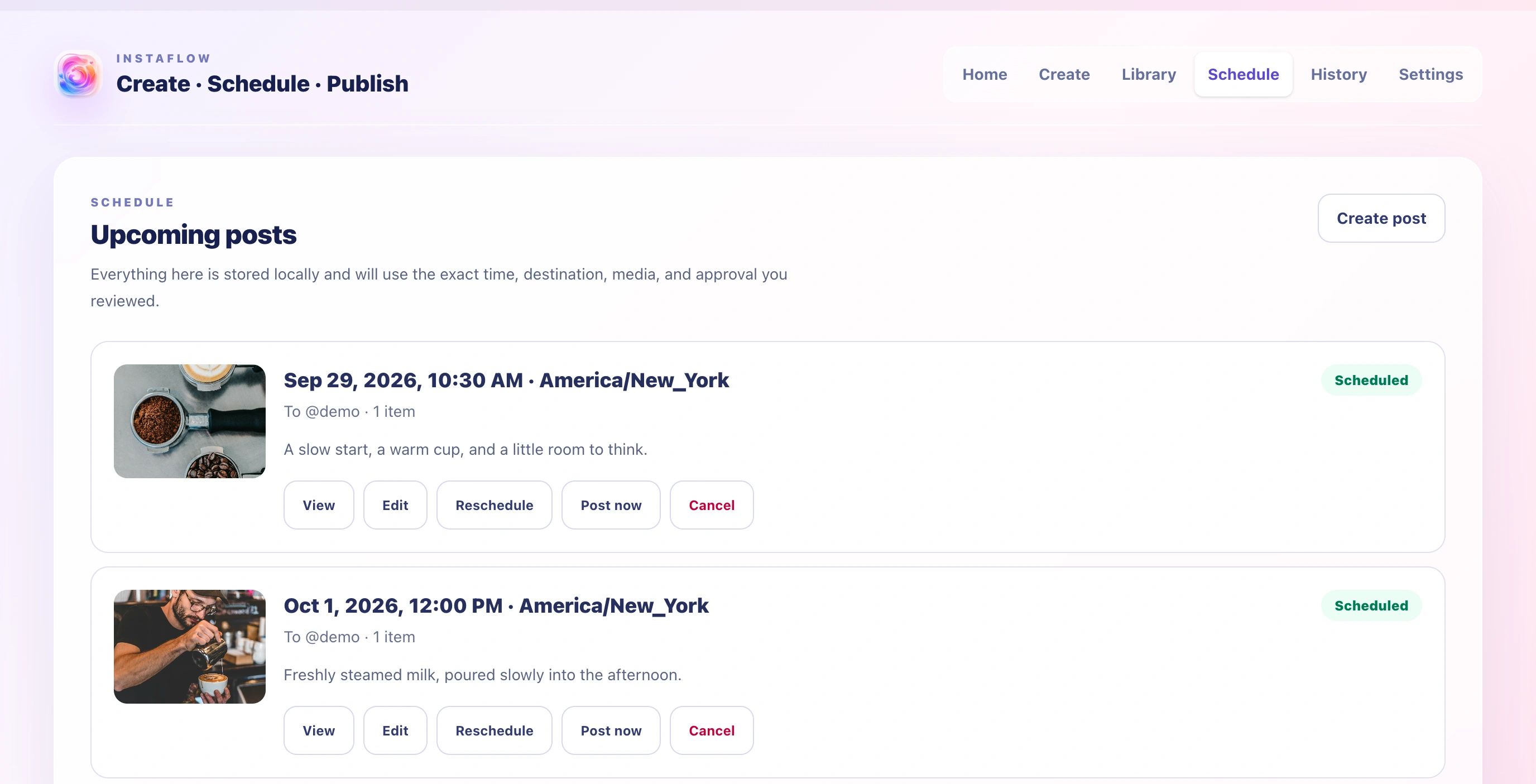 Instaflow Schedule tab showing two fully visible coffee posts with captions, destination labels, and planned dates.