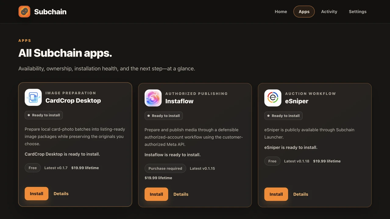 Subchain Launcher Apps view showing CardCrop Desktop, Instaflow, and eSniper ready to install, each with $19.99 lifetime pricing.